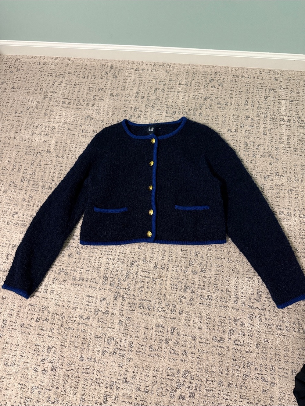 GAP Navy Cropped Cardigan with Blue Trim and Gold Buttons